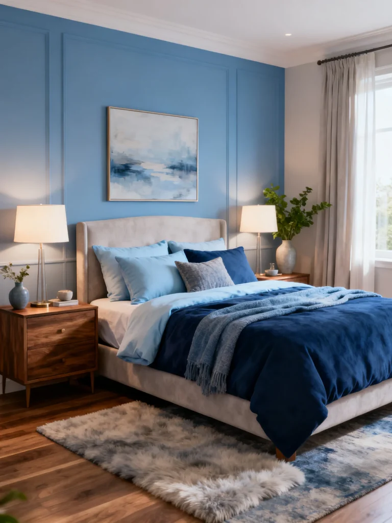 Modern blue bedroom with accent wall, layered bedding, and wooden nightstands