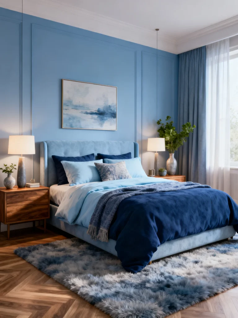 Elegant blue bedroom with paneled accent wall, layered blue bedding, and soft lighting