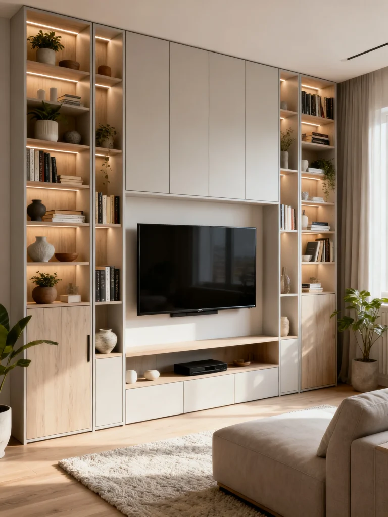 Modern slim TV wall with vertical storage shelves and built-in cabinets in a small living room