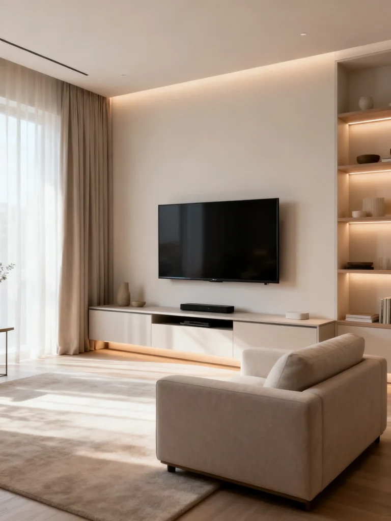Modern small living room with properly sized wall-mounted TV and minimalist decor