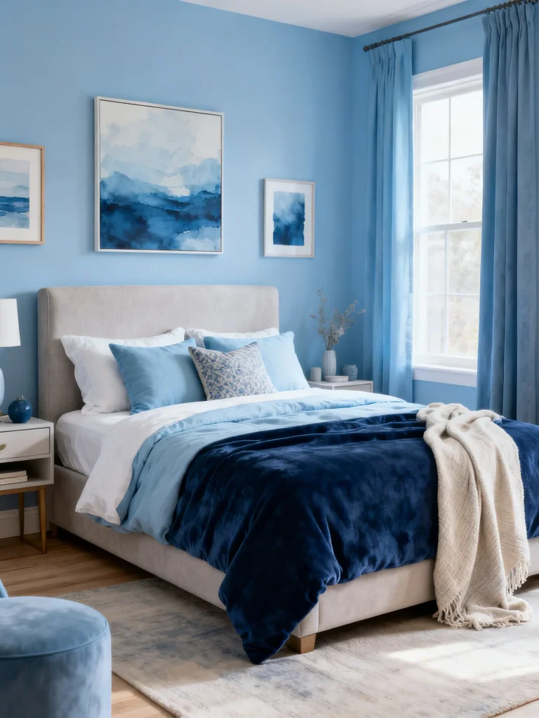 Light blue bedroom with layered bedding and coordinated blue decor palette