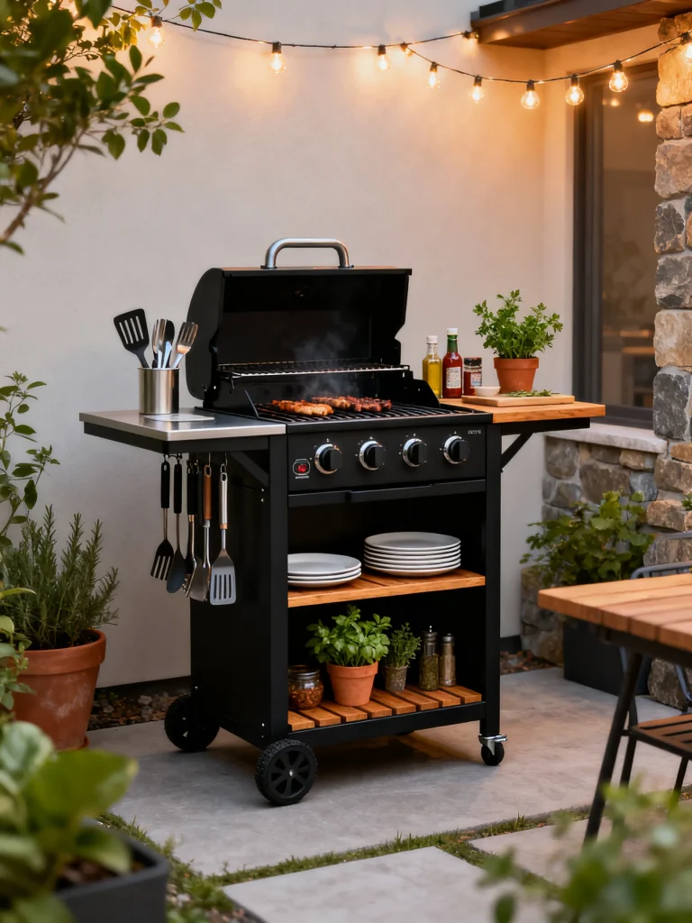Compact cart-style outdoor grilling station for small patios with shelves and string lights.