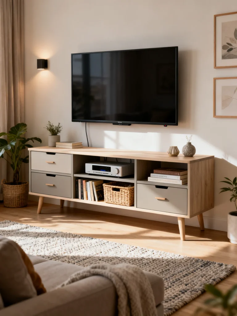 Small living room with multifunctional media console and wall-mounted TV