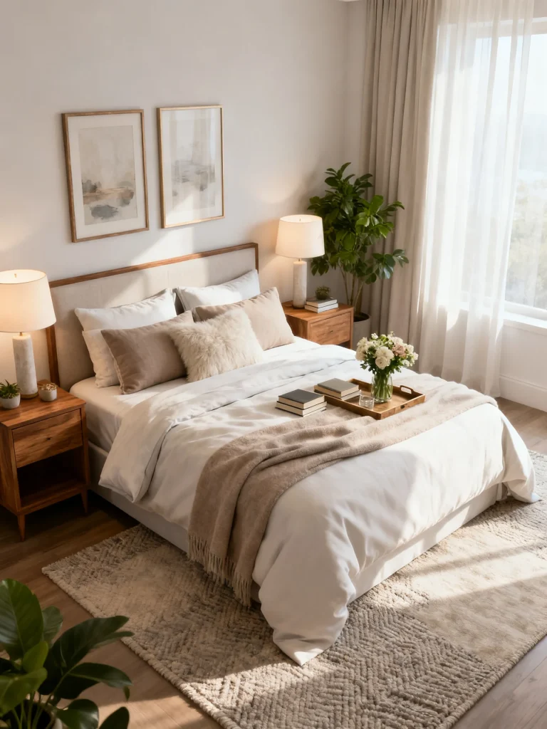 Elegant guest bedroom with soft neutral bedding, wood nightstands, and cozy decor ideas