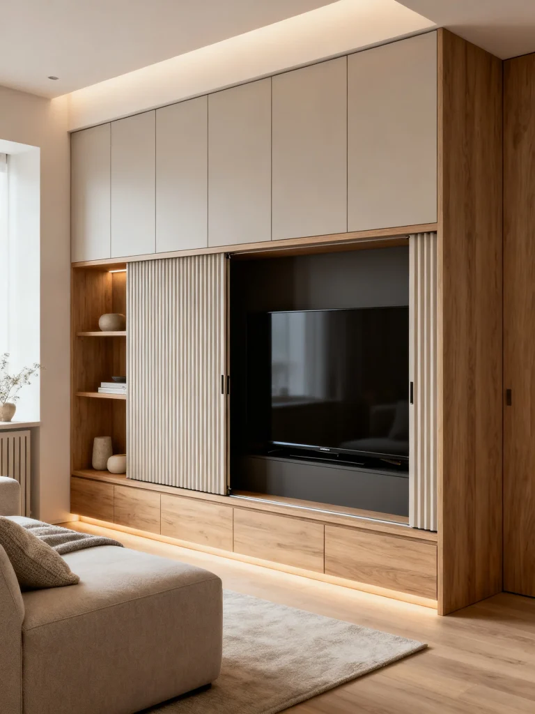 Modern living room TV hidden behind sliding panel doors in custom wall unit