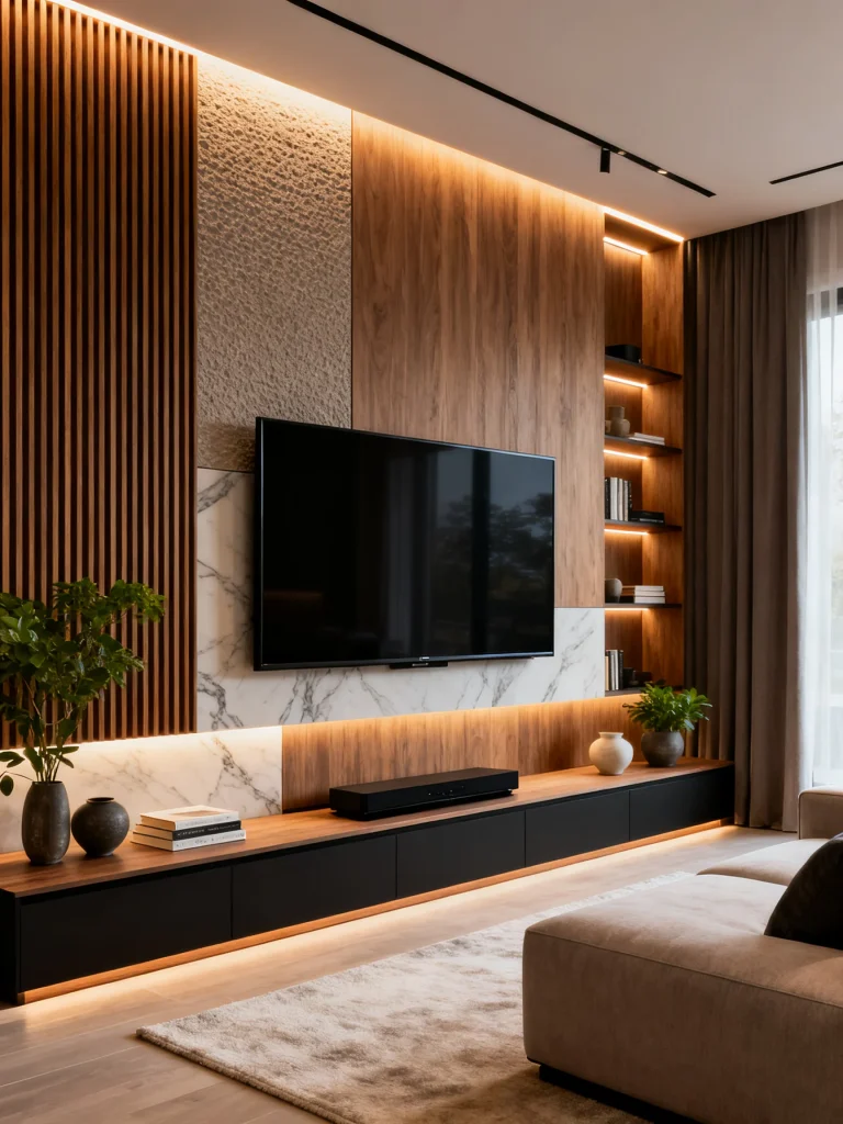 Modern living room TV wall with wood panels, marble accents, and built-in lighting