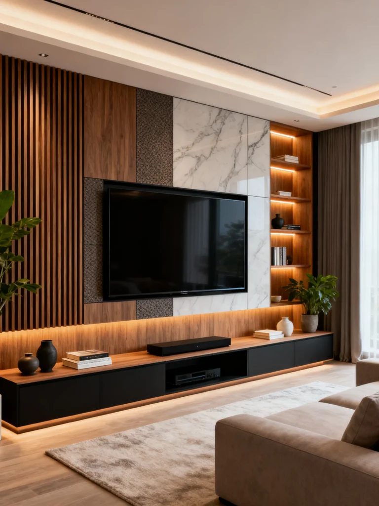 Luxury TV wall design with wood slats, marble panels, and ambient lighting