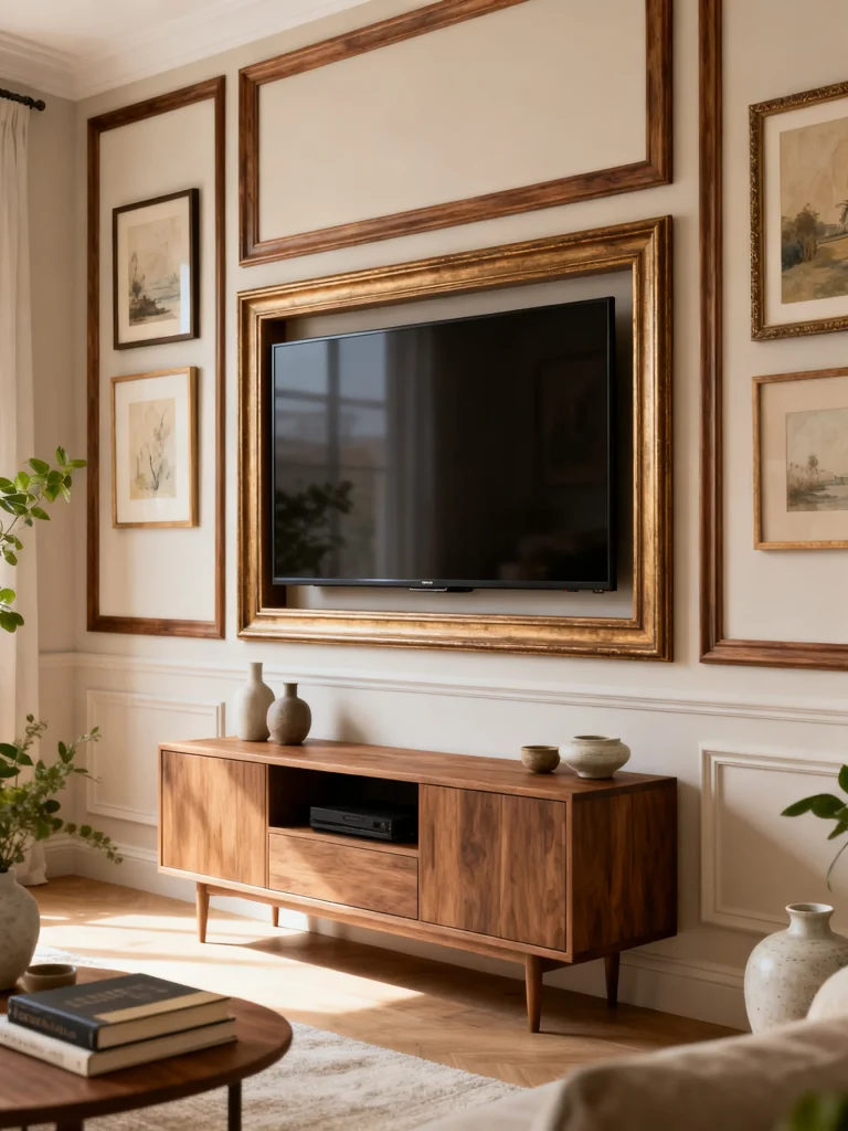 Living room TV disguised with decorative frame wall design and elegant finishes