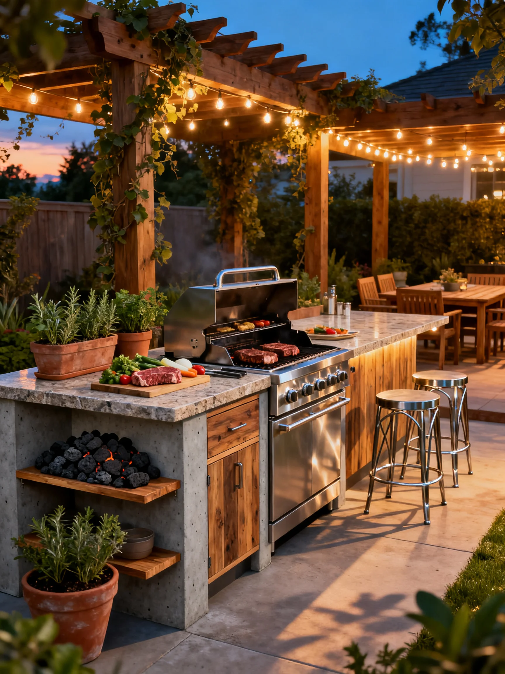 Modern outdoor grilling station with a built-in grill, wooden pergola, and string lights at dusk.