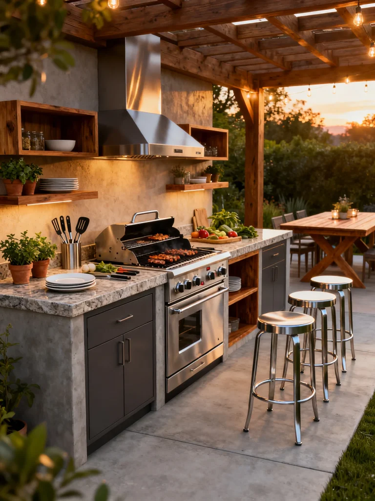 Luxury outdoor grilling station with stainless steel grill, bar stools, and pergola lighting.