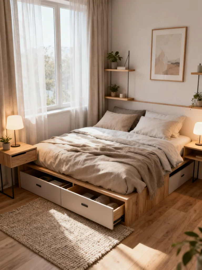 Small bedroom with storage bed drawers, neutral decor, floating shelves, and soft natural lighting.