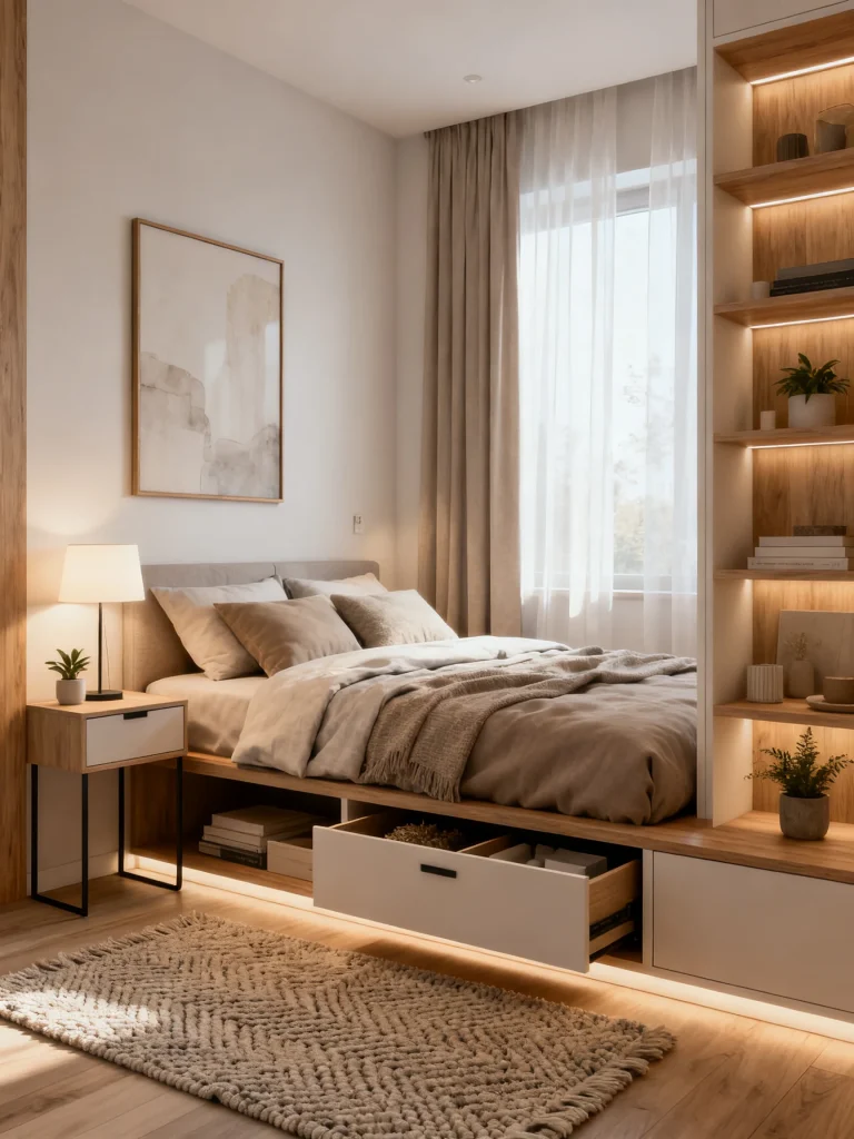 Small bedroom with built-in storage bed, cozy neutral decor, illuminated shelves, and warm minimalist design.