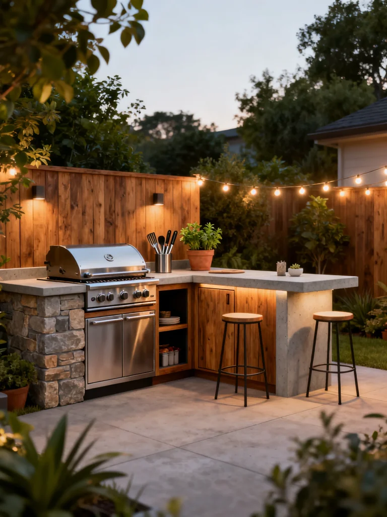 Modern small outdoor kitchen with built-in grill, concrete countertops, wooden cabinets, and string lights in a cozy backyard.