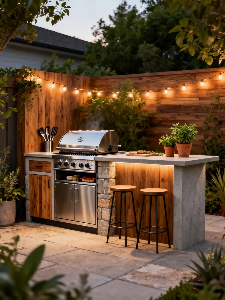 Compact outdoor kitchen with stainless steel grill, wood cabinets, concrete bar counter, and string lights in a modern backyard patio.