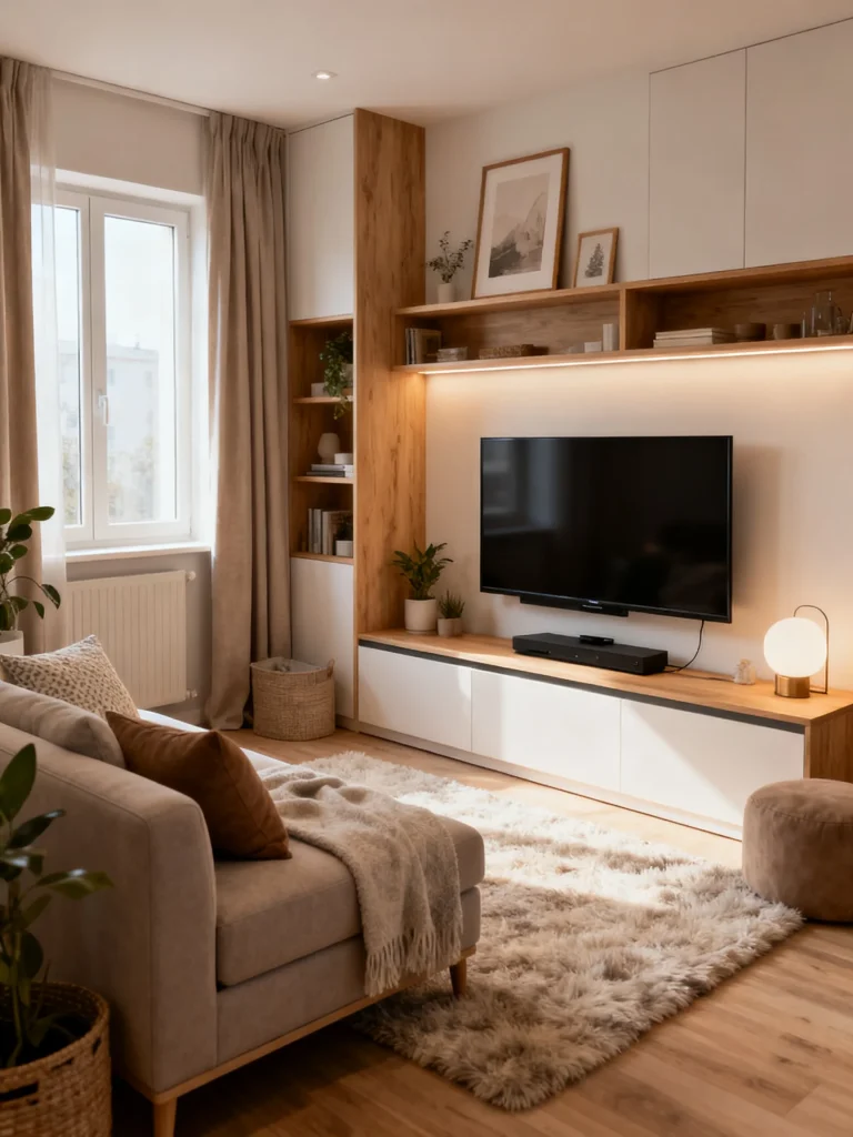 Small TV living room with modern wall unit, cozy seating, and warm lighting