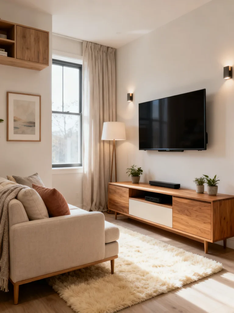 Minimalist small TV living room with wall mounted television and wooden media console
