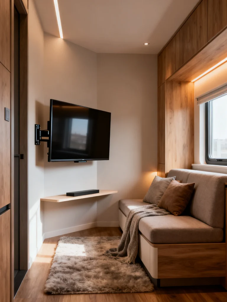Small cozy living room with corner-mounted TV on adjustable swivel wall mount
