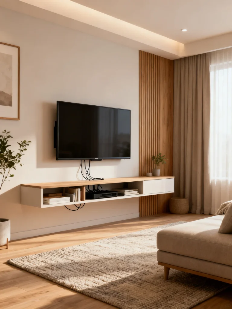 Small modern living room with wall-mounted TV and hidden cable management setup