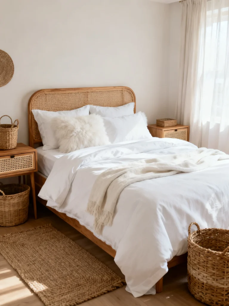 White bedding styled with a natural rattan headboard, woven baskets, wood nightstands, and soft cream textiles in a bright, airy bedroom.