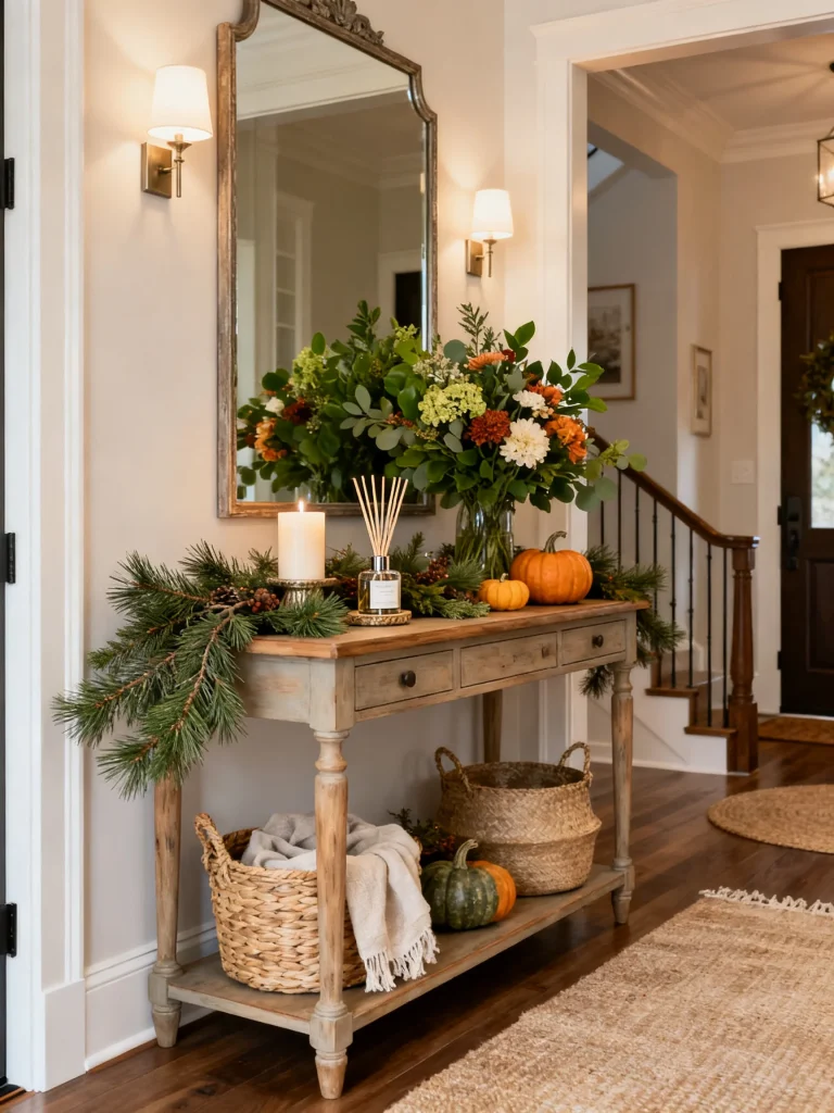Seasonal entryway decor with autumn flowers, pumpkins, evergreen garland, candle, and decorative console table creating a warm and welcoming atmosphere.