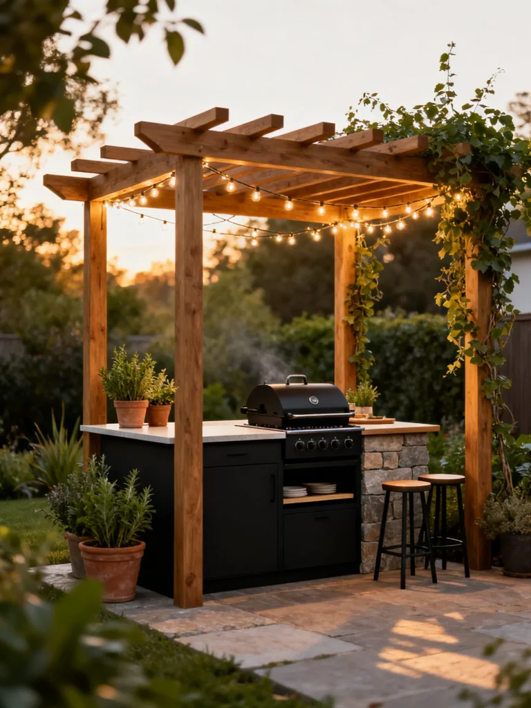 Outdoor pergola kitchen with a built-in grill, wood posts, string lights, stone accents, and bar seating creating a cozy shaded backyard entertaining space.