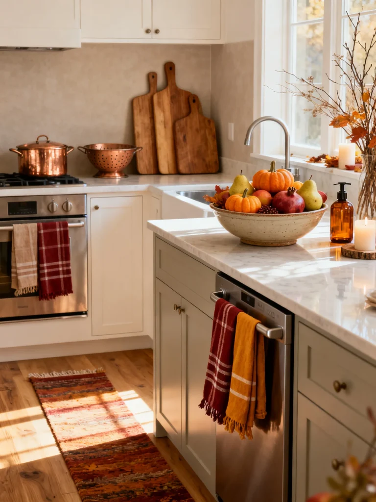 Bright farmhouse kitchen decorated with subtle fall touches including pumpkins, autumn-colored dish towels, seasonal fruit, wooden cutting boards, candles, and warm natural accents.