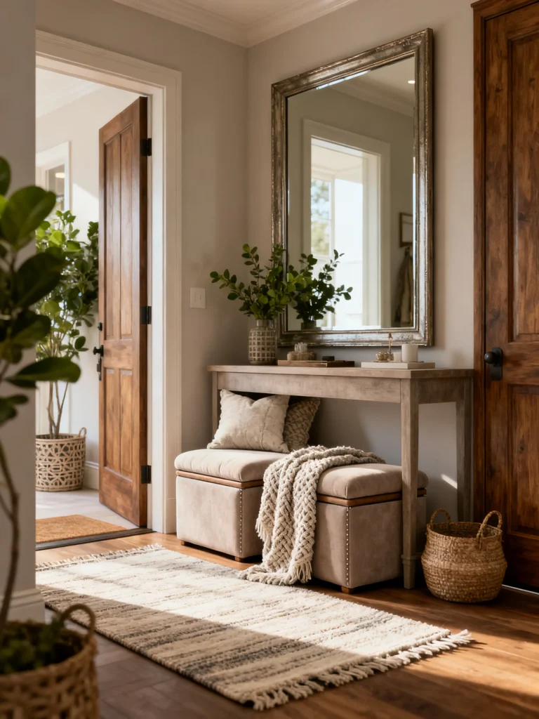 Cozy entryway seating area with upholstered storage bench, console table, large mirror, woven basket, and neutral decor.