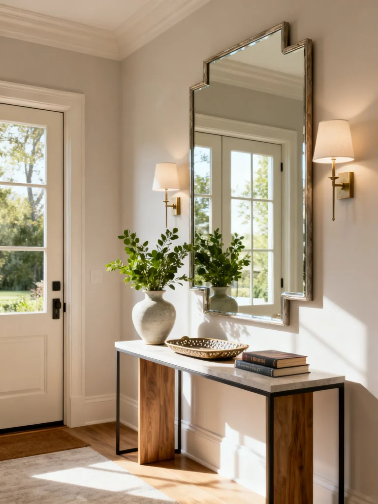 Large decorative mirror above a console table in a bright entryway with wall sconces, greenery, and natural light.