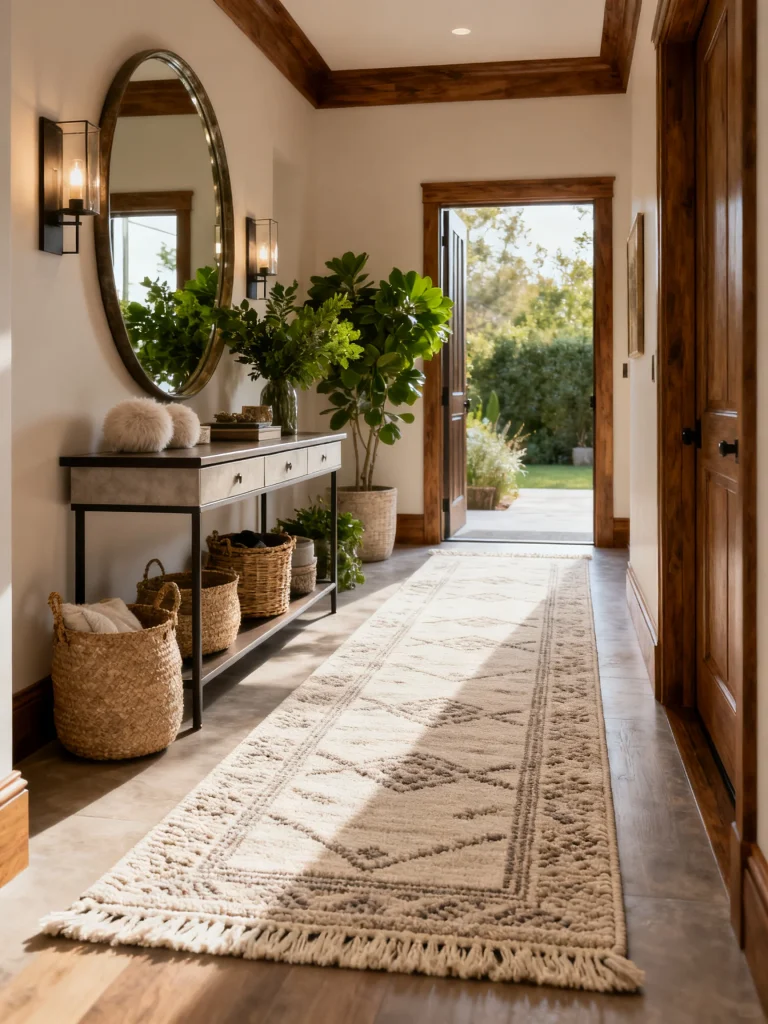 Long patterned runner rug in a bright entryway with console table, large round mirror, woven baskets, and warm wood accents.