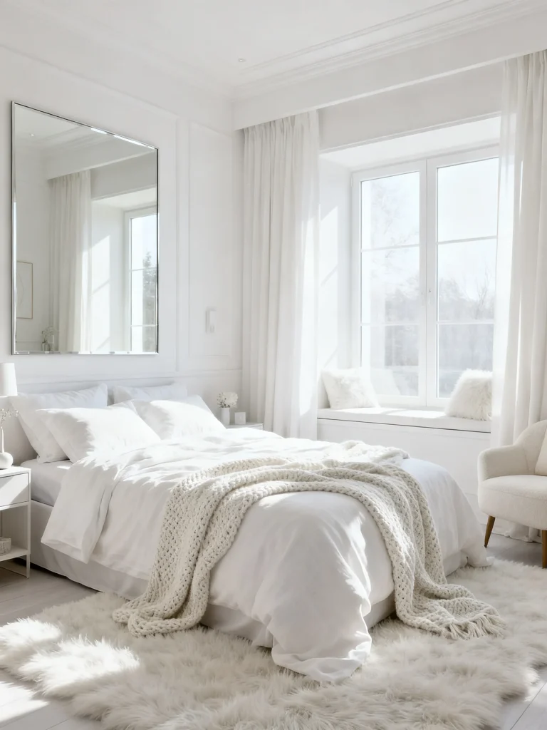 Small all-white bedroom featuring crisp white bedding, soft knit throws, fluffy area rugs, sheer curtains, and natural sunlight that creates a bright, airy, and spacious feel.