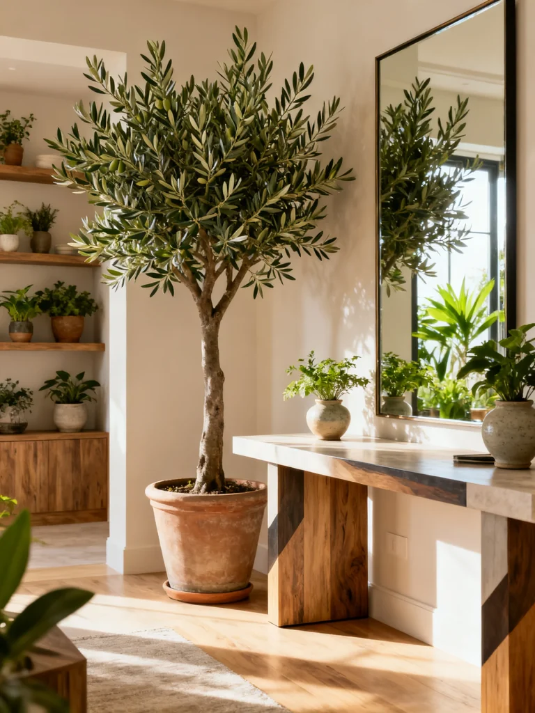 Bright entryway decorated with a large potted olive tree, indoor plants, wooden console table, and oversized mirror for a fresh and welcoming look.