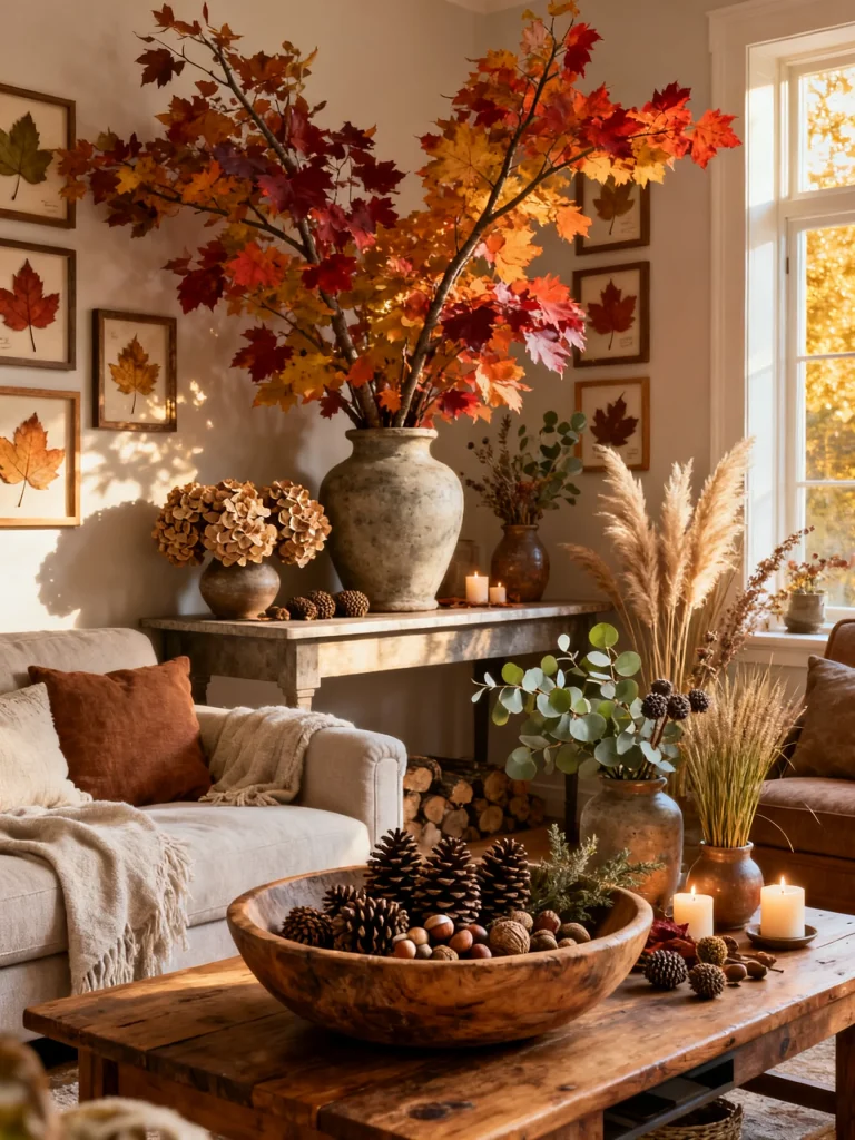 Rustic fall living room decorated with foraged autumn branches, pampas grass, eucalyptus, pinecones, and natural botanicals arranged in large ceramic vases.