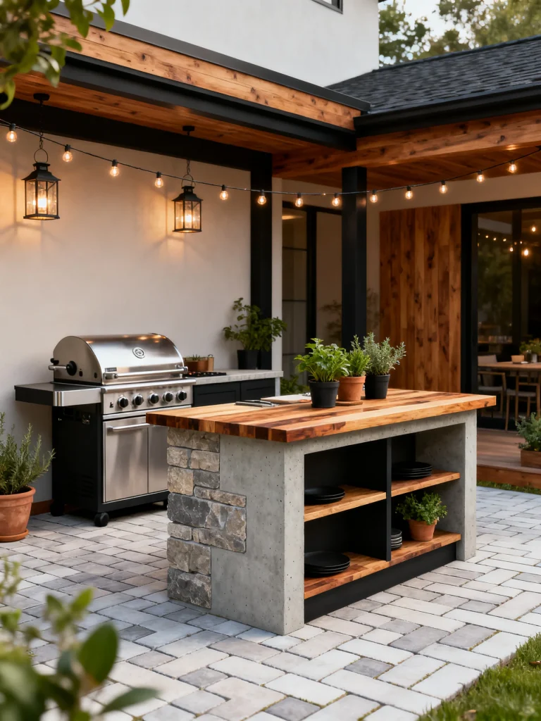 Freestanding outdoor counter built on pavers with a wood countertop, stone accents, open shelving, and a nearby stainless steel grill in a modern backyard patio.