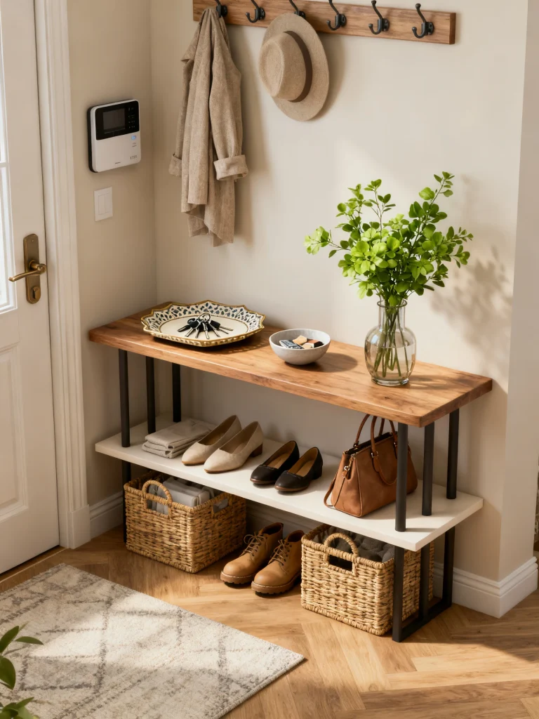 Entryway catch-all landing zone with storage bench, wall hooks, woven baskets, shoe storage, and decorative accessories.