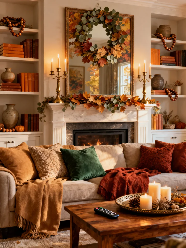 Cozy fall living room refresh with a neutral sofa, warm autumn throw blankets, velvet pillows, candles, a decorated fireplace mantel, and a fall wreath above the fireplace.