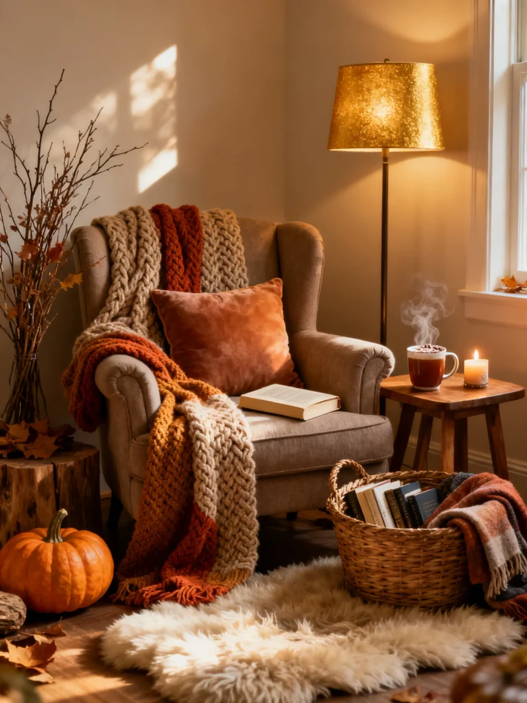 Cozy fall reading nook with an upholstered armchair, chunky knit blankets, velvet pillow, warm floor lamp, pumpkin, hot drink, and basket of books.