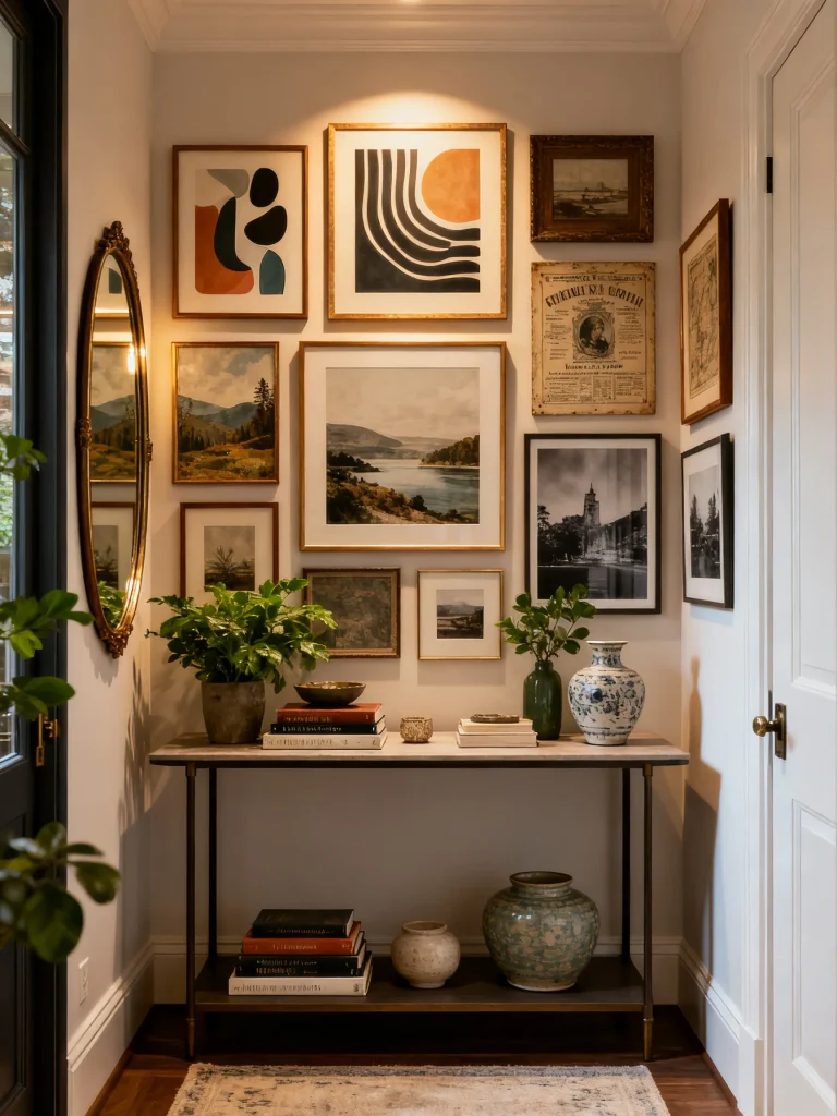 Stylish entryway gallery wall featuring framed artwork, vintage prints, decorative mirror, plants, and a console table that adds personality and charm.