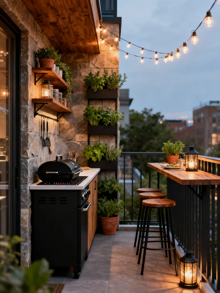 Compact balcony outdoor kitchen with a grill station, floating shelves, herb planters, string lights, and bar seating designed for a small patio space.