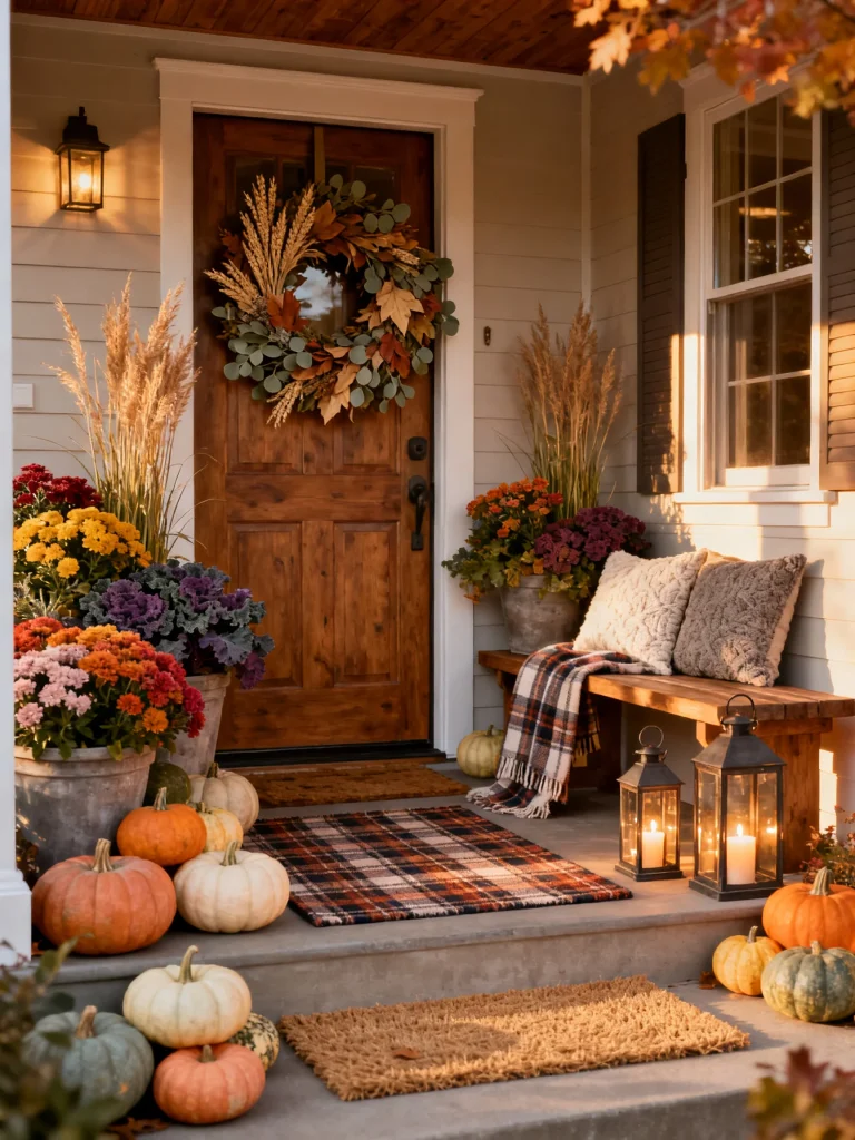 Cozy fall front porch decorated with colorful mums, ornamental kale, heirloom pumpkins, lanterns, a plaid bench throw, and a seasonal wreath on a wooden front door.