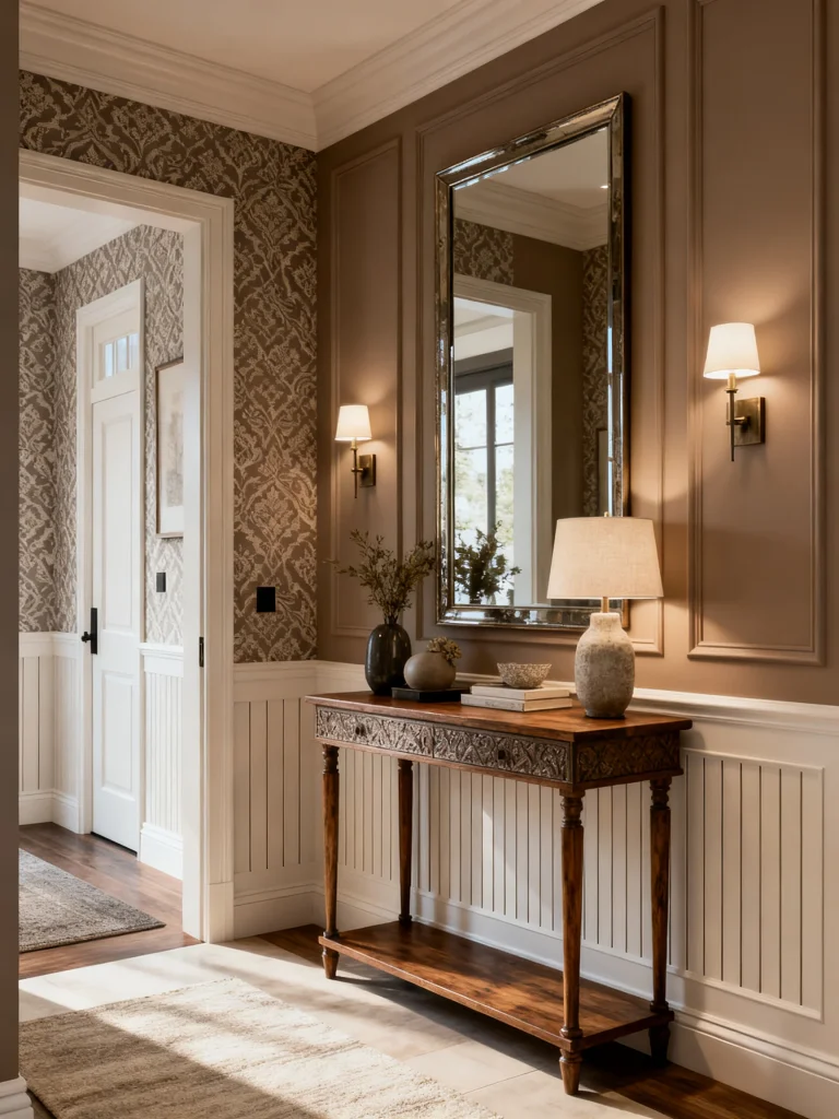 Elegant entryway featuring decorative wall paneling, patterned wallpaper, a tall mirror, wall sconces, and a classic wooden console table.