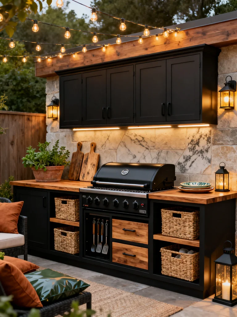 Outdoor kitchen finished with string lights, lanterns, black cabinets, woven baskets, and smart storage surrounding a built-in grill and marble backsplash.