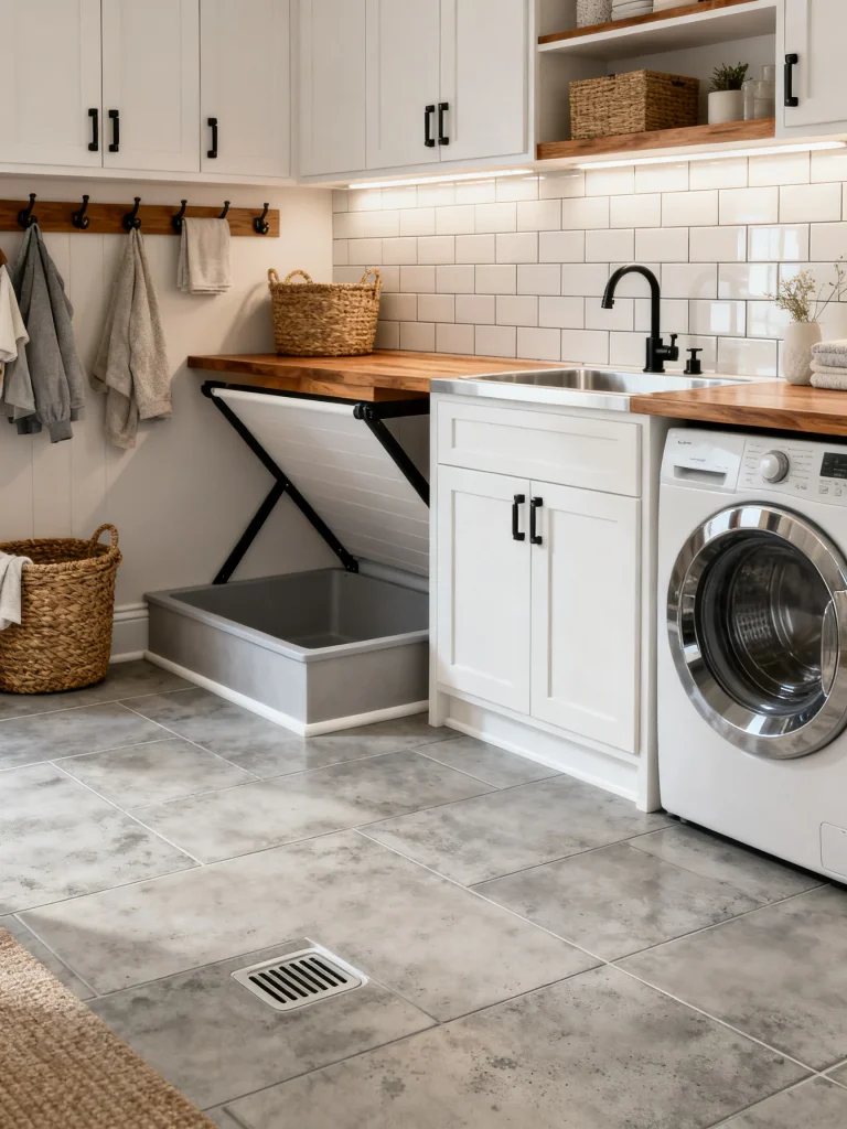 Mud room laundry room combo with durable tile flooring, fold-down drying rack, utility sink, wood countertops, subway tile backsplash, and easy-to-clean finishes.
