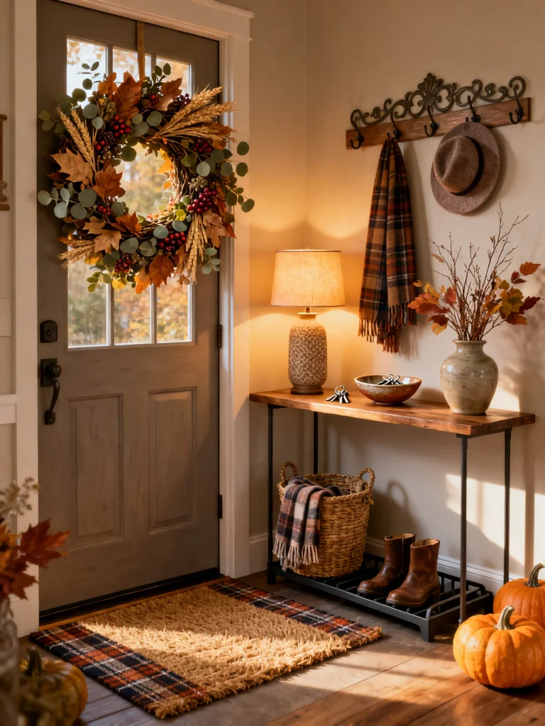 Cozy fall entryway decorated with a seasonal wreath, plaid rug, pumpkins, rustic console table, woven basket, autumn branches, and warm lighting for a welcoming front entrance.