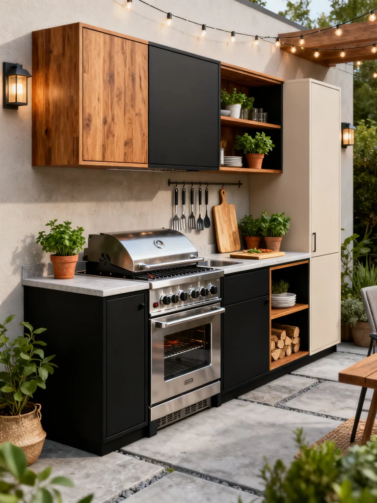 Modular outdoor kitchen with ready-to-assemble cabinets, a stainless steel grill, wood accents, open shelving, and string lights in a modern backyard patio.
