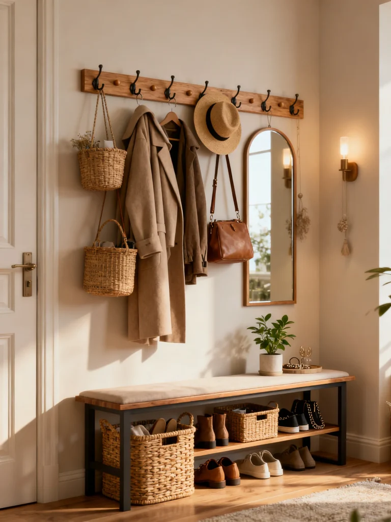 Entryway with wall-mounted hooks and peg rail, storage bench, baskets, mirror, coats, hats, and organized shoe storage.