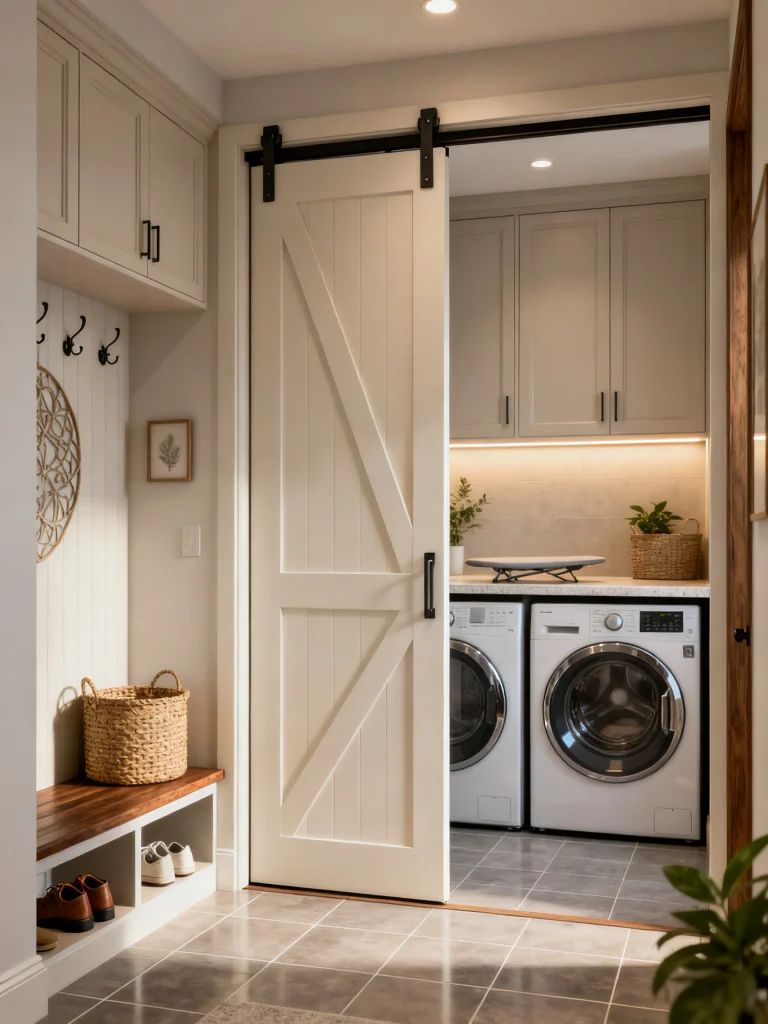 Mud room laundry room combo hidden behind a white sliding barn door with front-loading washer and dryer, built-in cabinets, bench seating, and concealed laundry area.