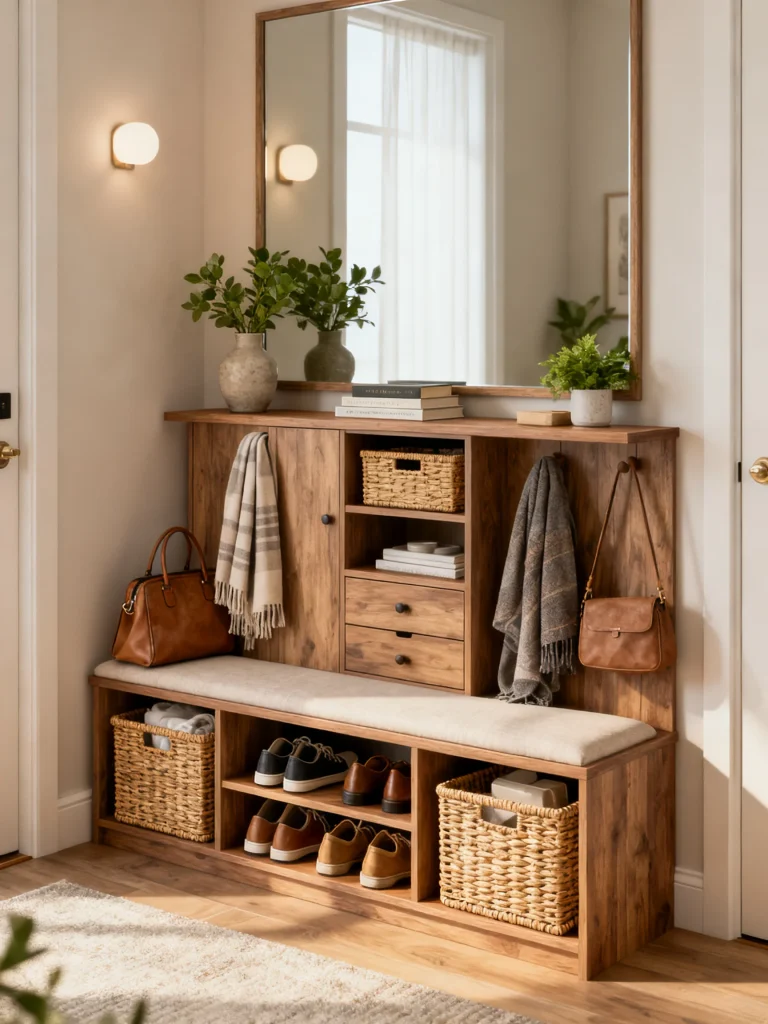 Organized entryway storage bench with woven baskets, shoe cubbies, closed cabinets, and decorative accents for a clutter-free entrance.