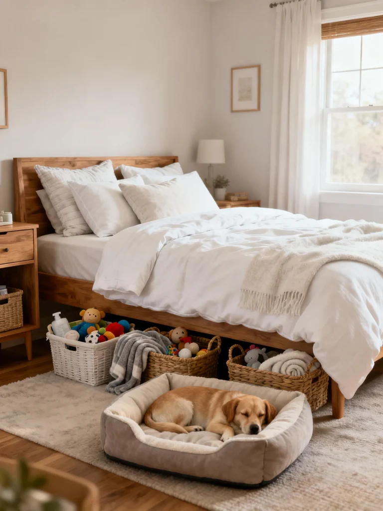 White bedding bedroom styled for families and pets with durable white linens, wooden furniture, woven storage baskets filled with toys, and a sleeping dog resting on a plush pet bed beside the bed.