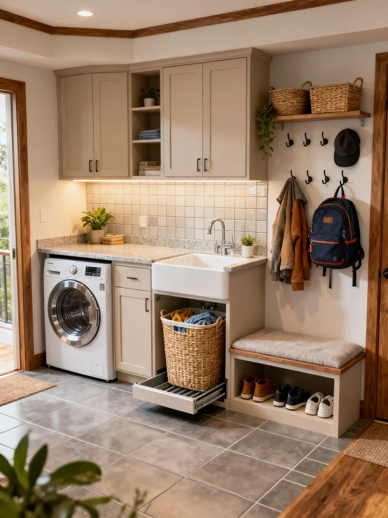 L-shaped mud room laundry room combo with a corner farmhouse sink, pull-out laundry hamper, built-in cabinetry, bench seating, wall hooks, and organized entryway storage.