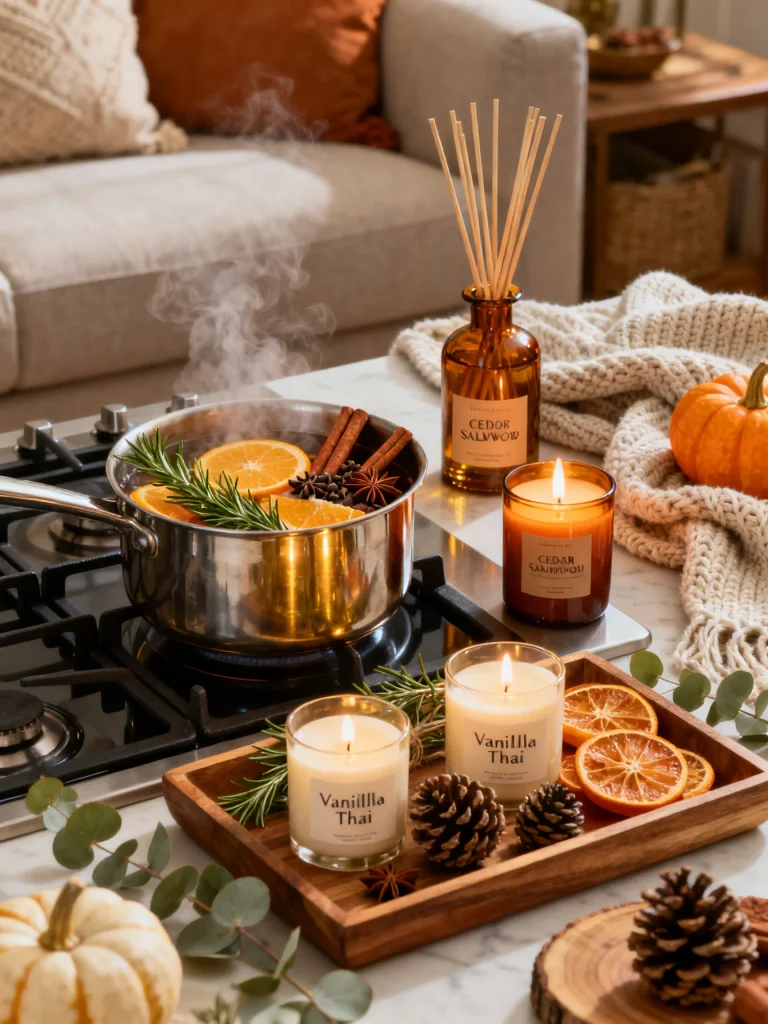 Cozy fall scent display with simmer pot of oranges, cinnamon, rosemary, and star anise alongside autumn candles, reed diffuser, pinecones, and pumpkins.